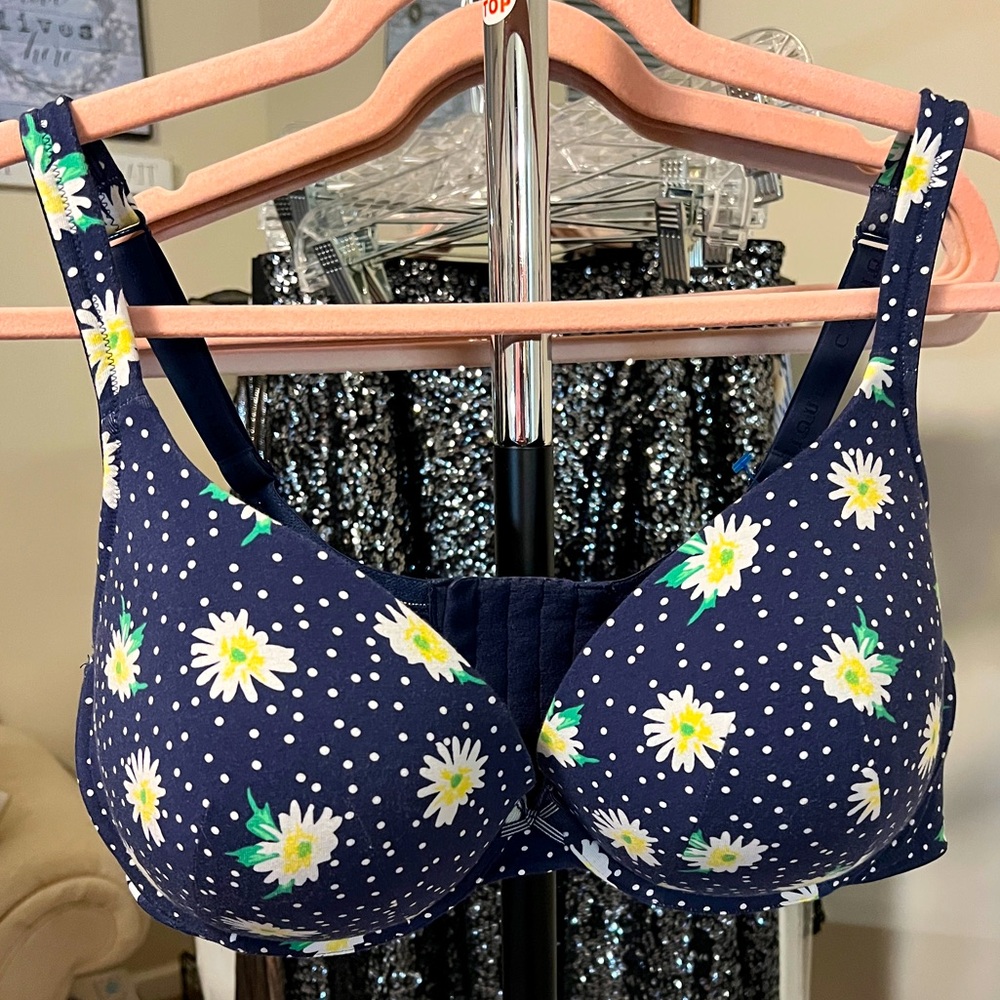 Cacique 48D Navy Bra with White and Yellow Floral